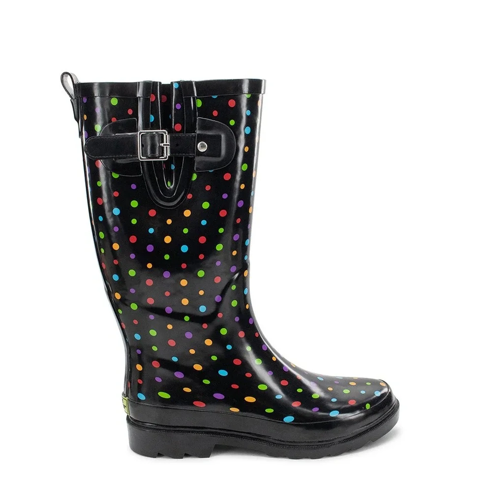 Western Chief Womens Ditsy Dot Tall Rain Boot Black Multi Polka Dot Size 8